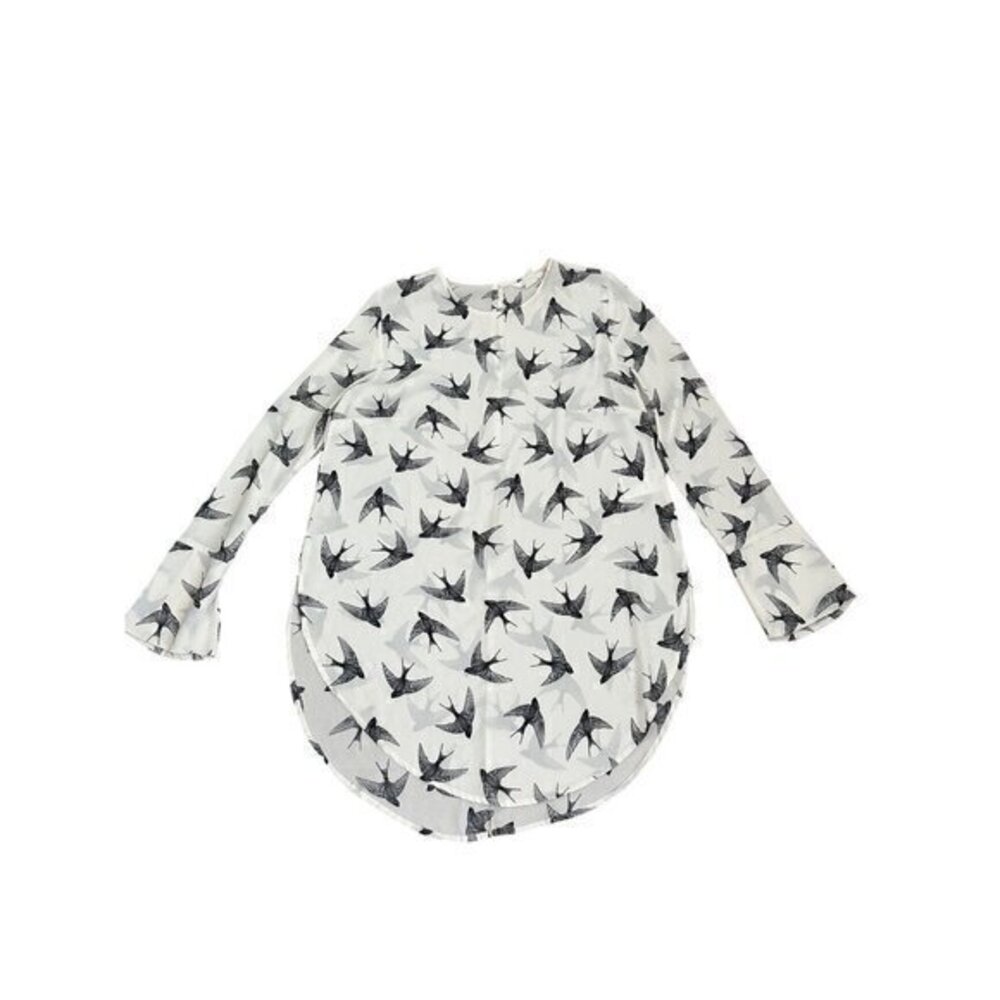 H&M Womens White & Black Bird Print Long Sleeve Blouse Size 8 Polyester Round He